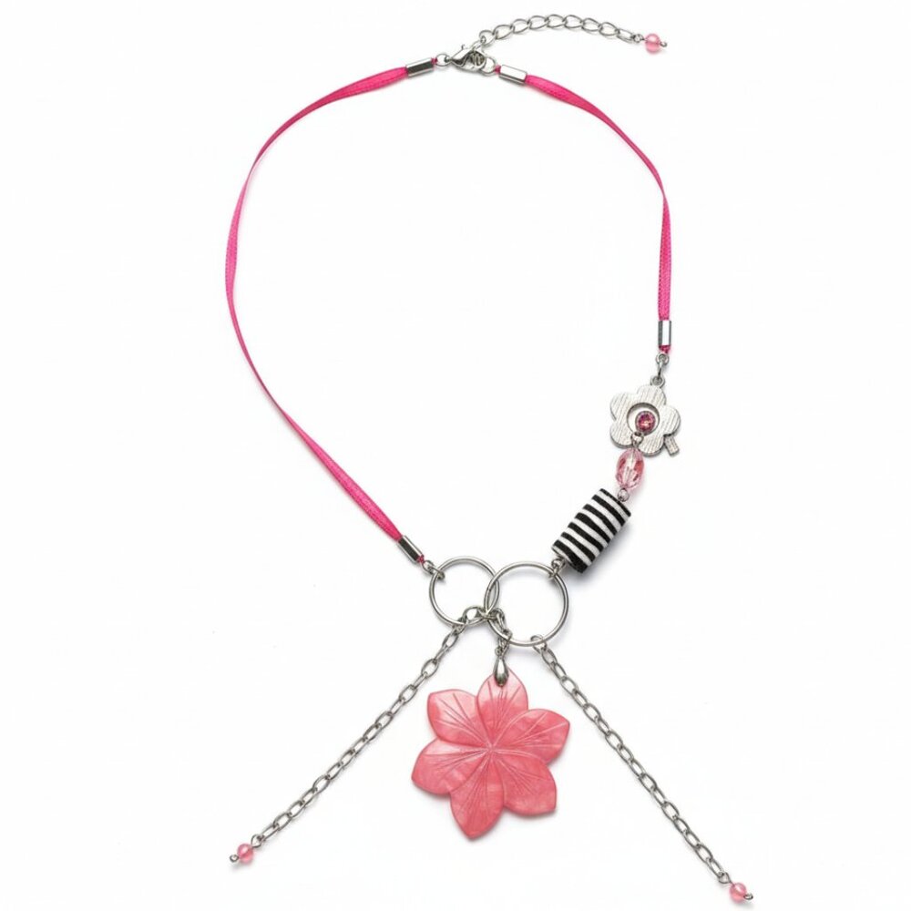 CREATION - Flower 🌺 necklace with pink ribbons, side attach, beads